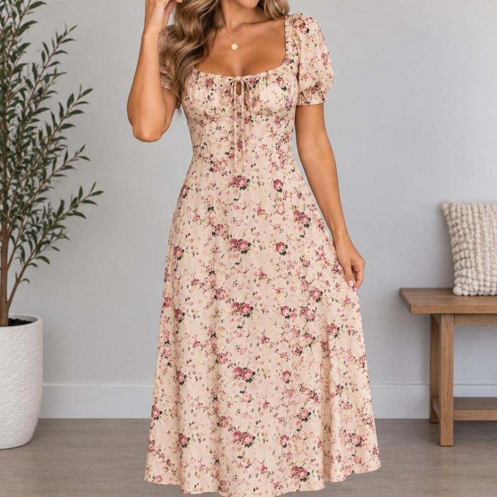 Pink cream floral midi dress